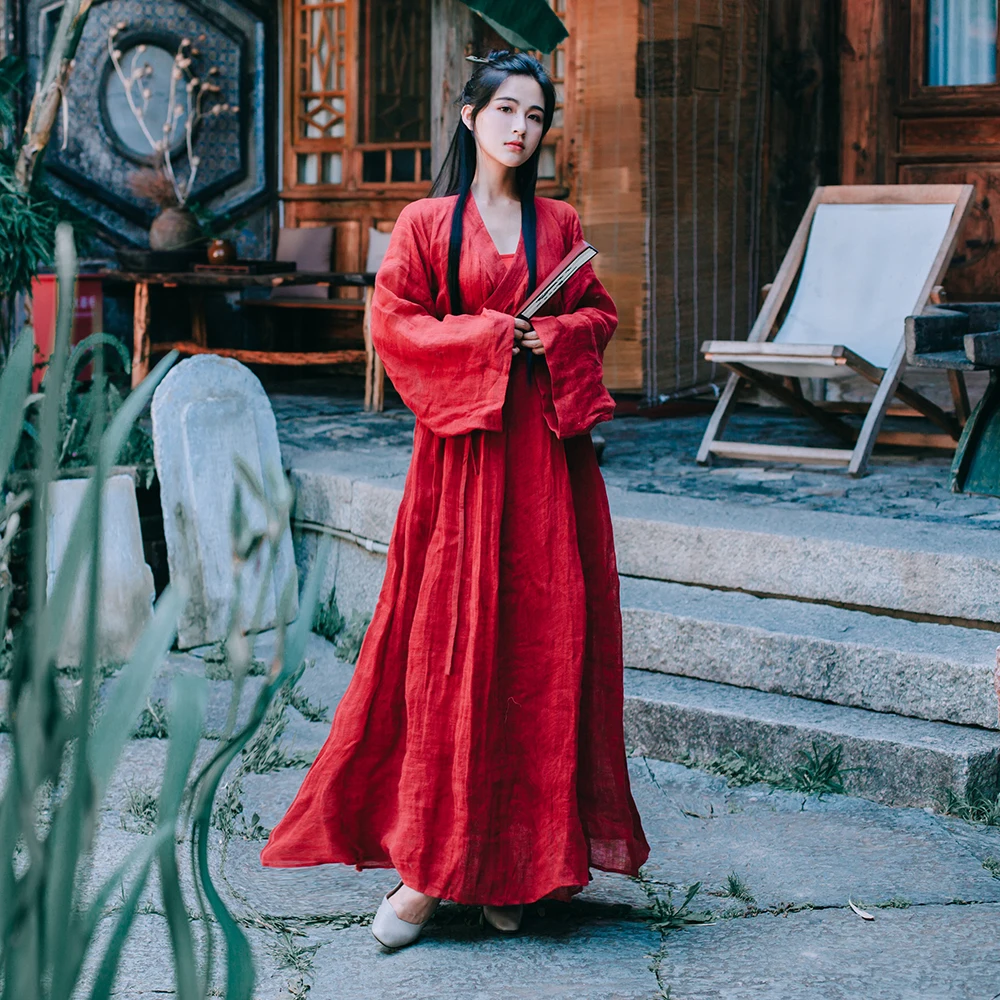 Khale Yose, осень, современное Hanfu платье с длинным рукавом, красное Женское Платье макси с запахом, бохо, китайский Hanfu, женское платье, одежда