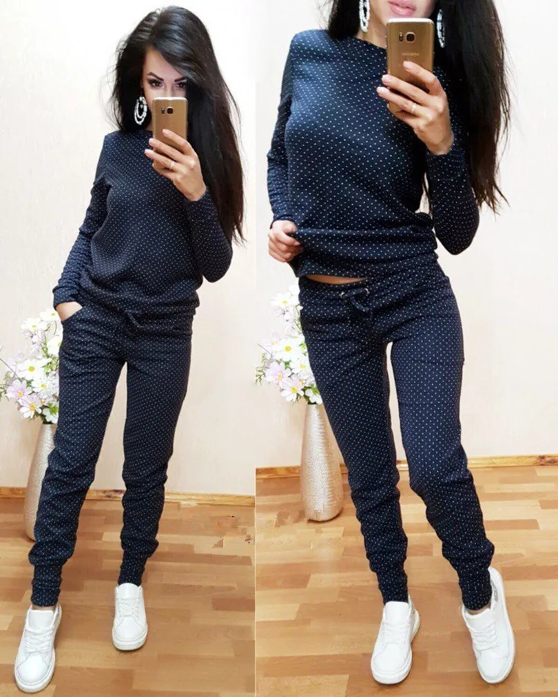 

2020 Tracksuits Rushed Hot Sale Cotton Polyester Spring Set Female Fashion Leisure Wave Point Sweatershirt + Trousers 2 Sets