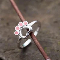 new personality creative puppy simple silver plated jewelry pink cat foot footprints hollow love opening rings r152