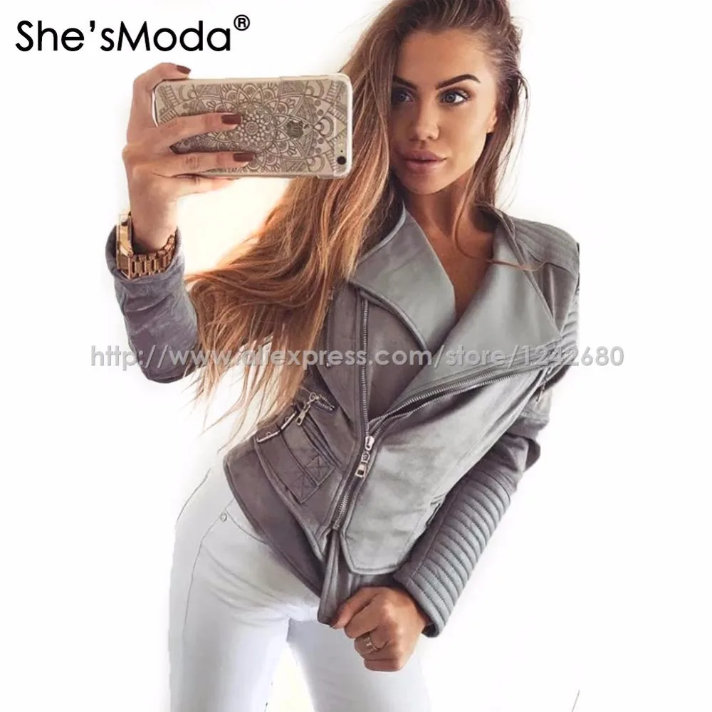 She'sModa искусственная замша мягкая наплечная кожаная куртка для женщин приталенное пальто с двойной молнией байкерские кожаные куртки черные