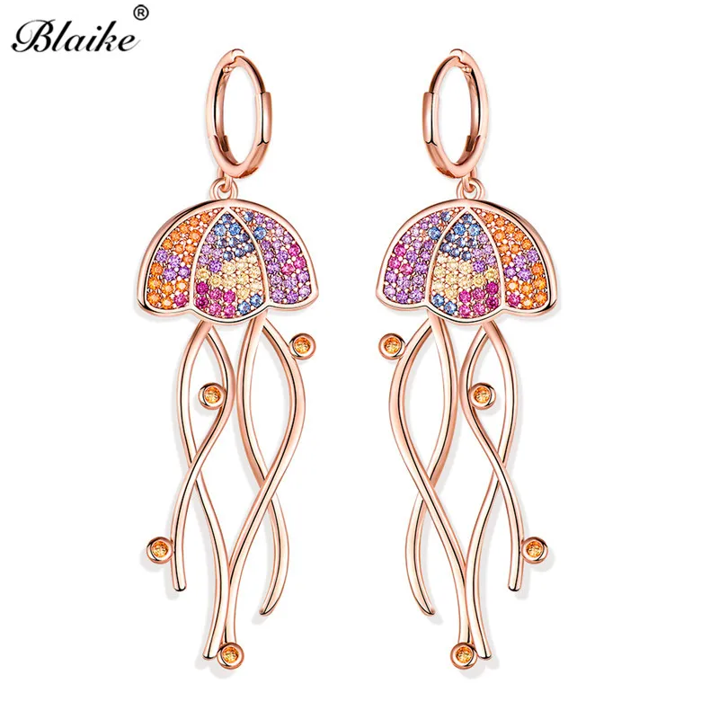 Rose Gold Blaike 925 серебро/розовое золото длинные висячие серьги Медузы для женщин винтажные модные многоцветные серьги-капли с фианитами в минималистическом стиле - Окраска металла: Rose Gold
