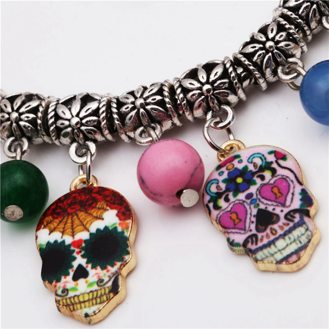 Женский винтажный браслет с бусинами и черепом в готическом стиле|Браслеты