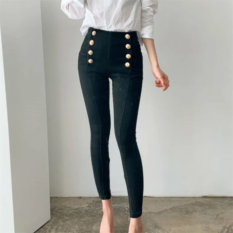 Женские джинсовые джинсы с высокой талией, новые корейские весенние летние модные ретро брюки с двойной пряжкой, синие женские узкие брюки H176