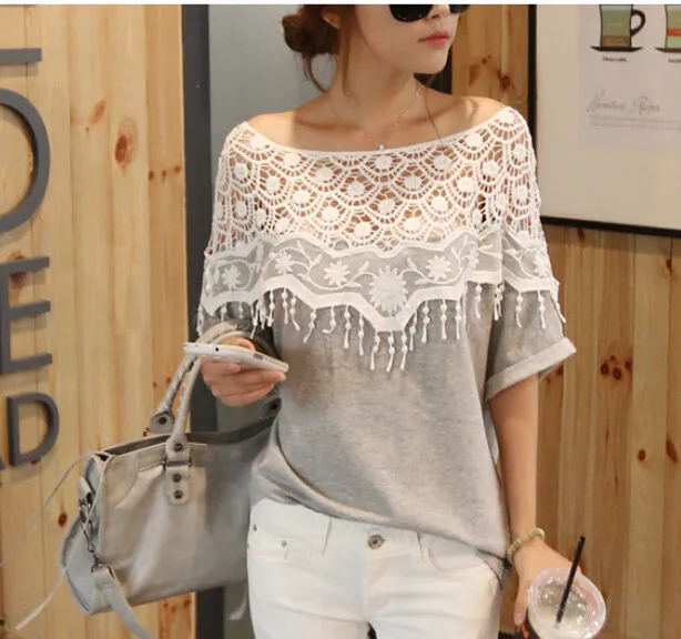 

plus large size summer new women's sweet lace crochet bat shirt short-sleeved round neck bat sleeve T-shirt thin influx of women