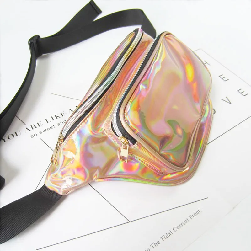 Holographic Blue Fanny Pack Laser Waist Packs Hip Bag Women's Rainbow Bags Unisex Flower Fannie for Women |