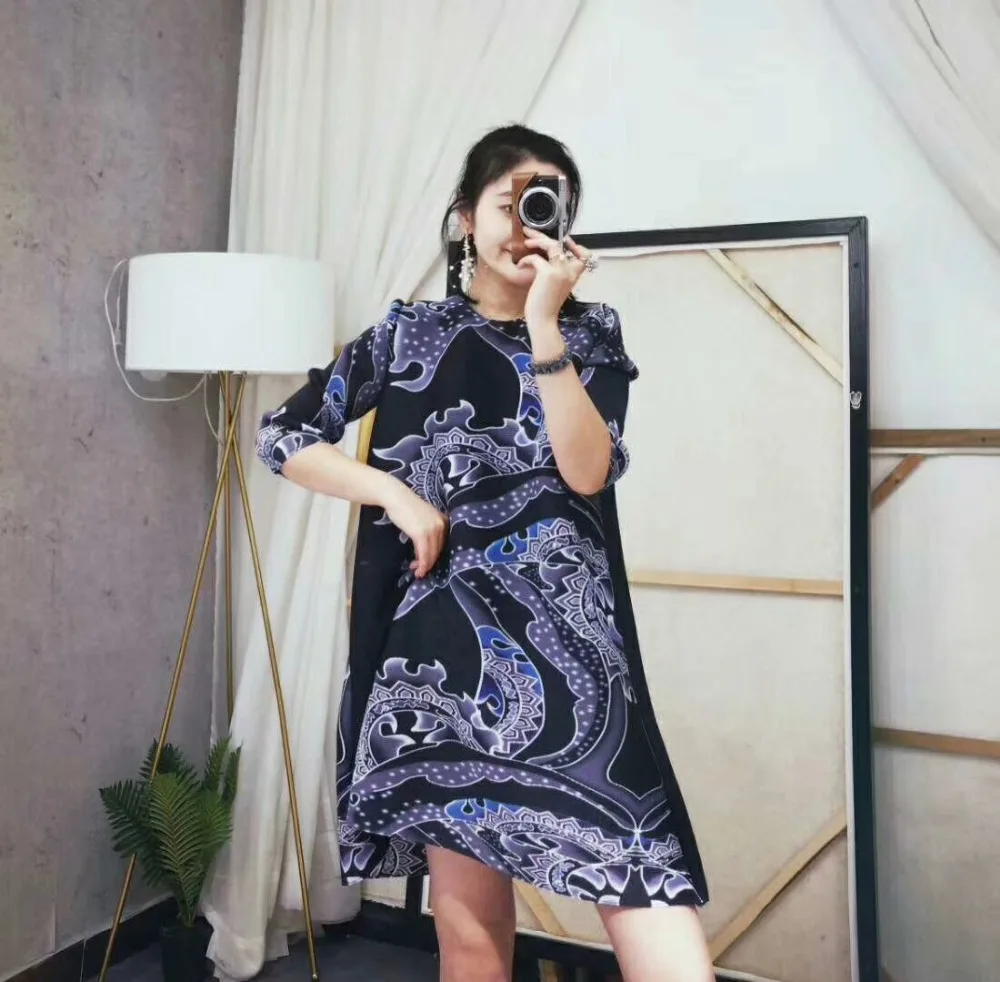 

HOT SELLING fashion fold chinese style print three quarter o-neck straight dress IN STOCK