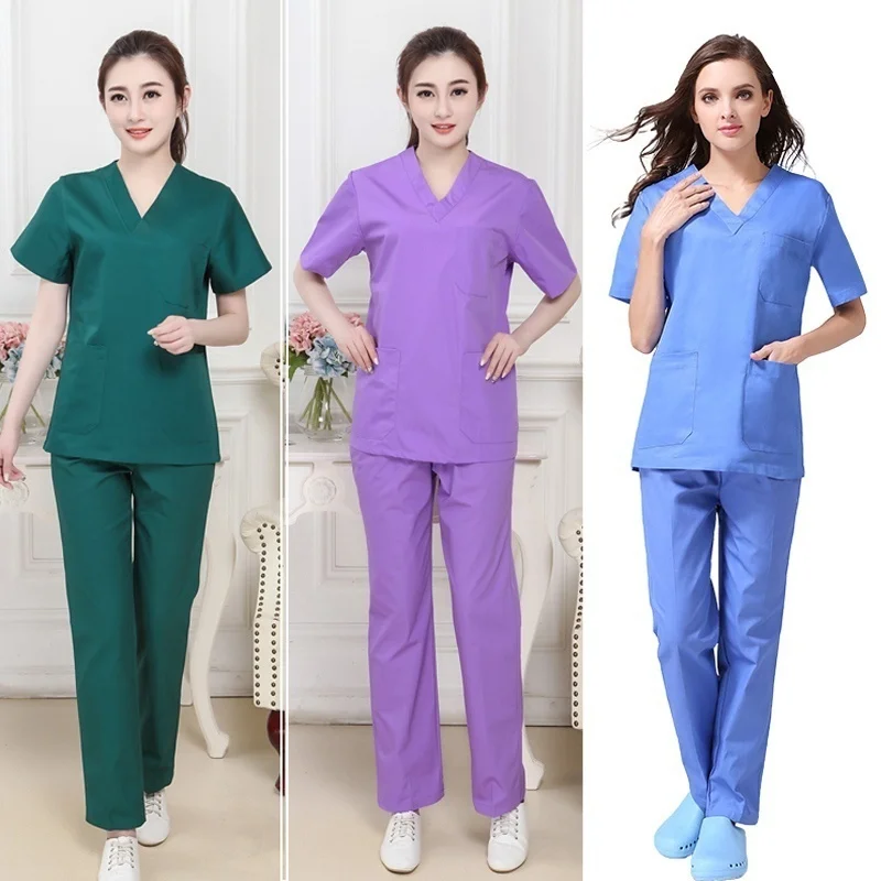 Women's Fashion Scrub Set Nursing Scrubs V-neck Top with Side Vent + Elastic Waistline Pants Medical Uniforms Cotton Surgery |