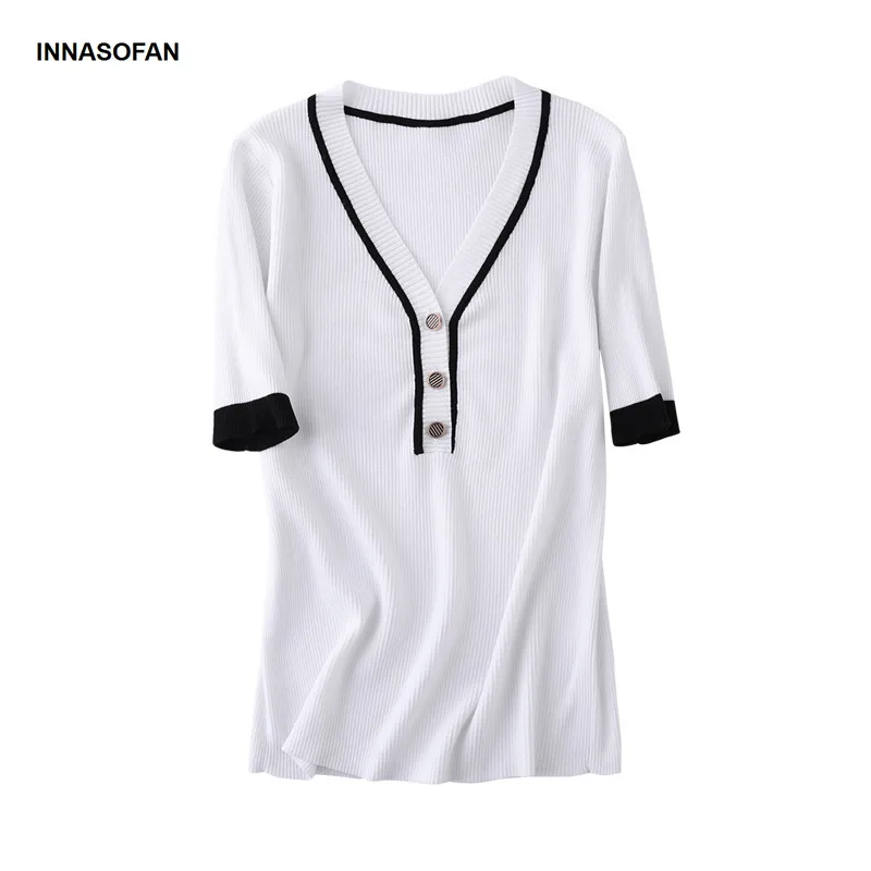 INNASOFAN Thin sweater Female Spring-Summer Knitted Eurasian fashion elegant short sleeve and V-collar | Женская одежда