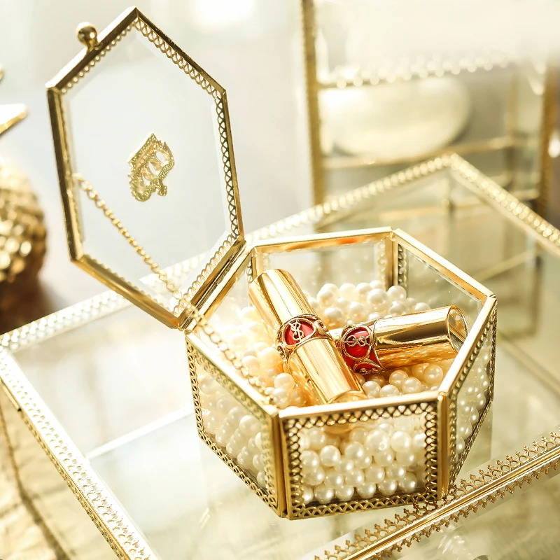

Makeup Organizer Storage Box Golden Crown Glass Jewelry Box Gift Wedding Birthday Present Everlasting Flower
