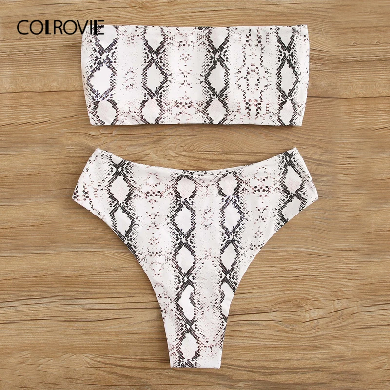 COLROVIE, белый топ-бандо со змеиным принтом, с высокой талией, купальник, Женский комплект бикини,, беспроводной купальник, пляжный купальный костюм