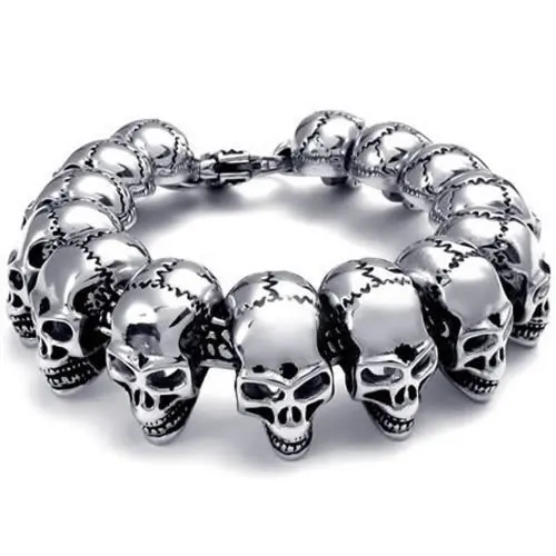 

Women's Fashion Wholesale Jewelry Stainless Steel Silvery Black Skulls Shape Round Shape Cool Bracelet Length:21.6cm
