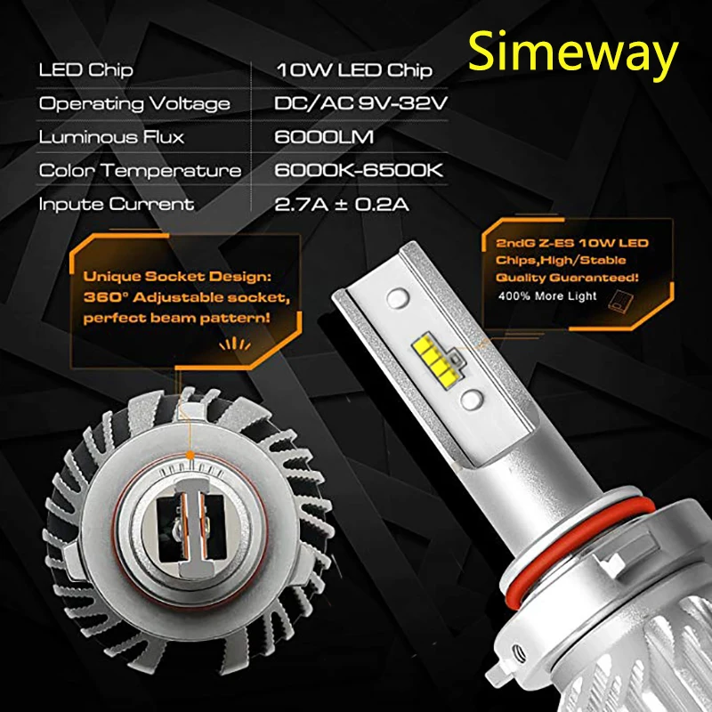 Simeway 2X светодио дный фар лампы 12 В H4 HB3 9005 H7 40 Вт Авто фары супер яркий 6000 К белый