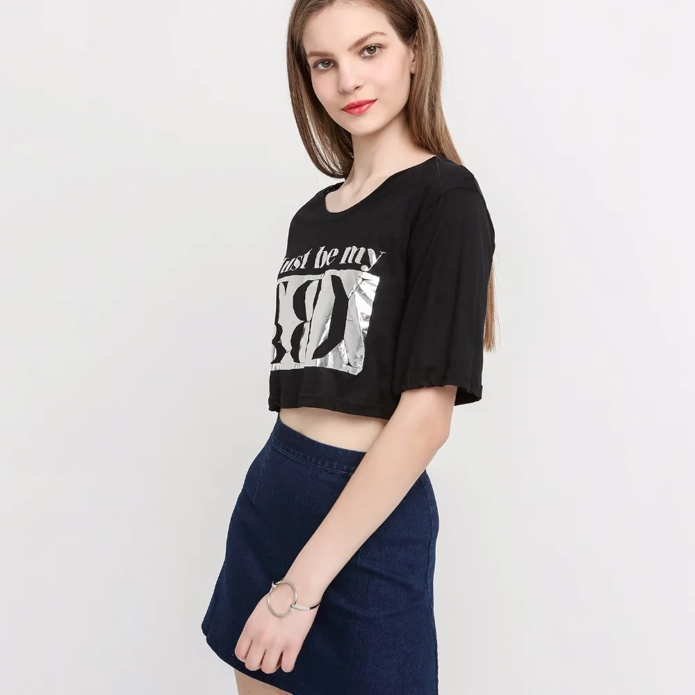 Лето 2017 г. женские пикантные спинки Серебряный с принтом букв топы футболки