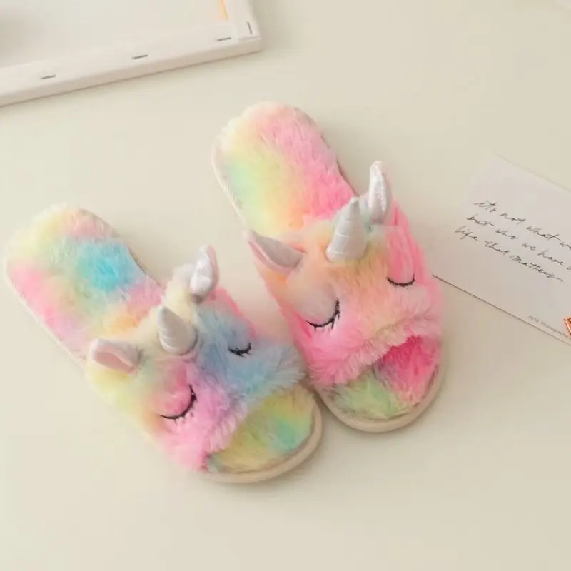 24cm B FAYUEKEY; Новинка года; милая разноцветная хлопковая плюшевая обувь на плоской подошве с единорогом; женские домашние тапочки с радужным единорогом; Zapatos De Mujer - Цвет: 24cm B