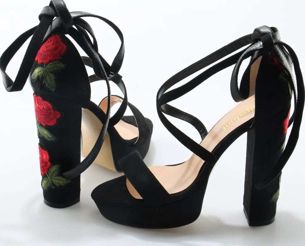 2018 Newest Faux Black Suede Leather Women High Platform Sandals Sexy Open Toe Ladies Lace Up Flowers Chunky Heel Dress Shoes | Обувь
