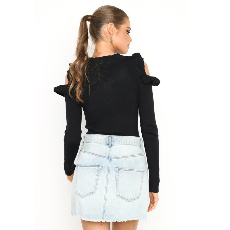 Кружево девушка 2017 Для женщин Зимняя одежда оборками с плеча вязаный свитер