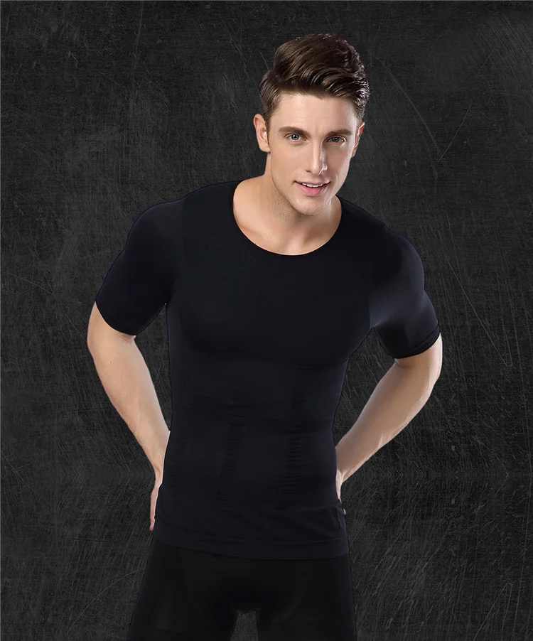 seamless black Тонкая футболка PRAYGER для коррекции фигуры, мужской гинекомастический корсет, для похудения, для живота, триммер для талии, для тренировок, топы, для груди, связывающее нижнее белье - Цвет: seamless black