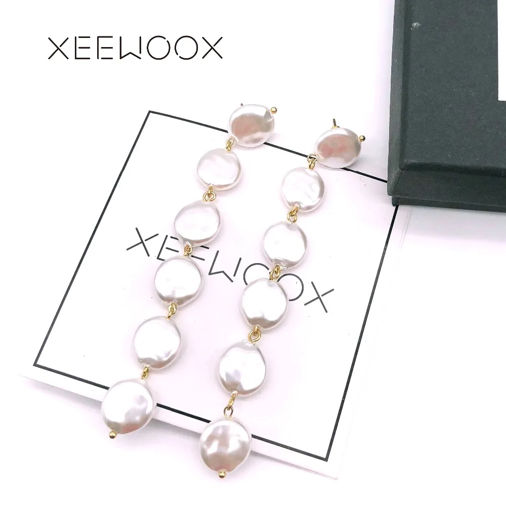 Женские богемные серьги подвески XEEWOOX большие длинные белые с жемчужинами