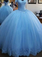 dreaming floor length blue quinceanera dresses 2019 new appliques v neck ball gown prom dress formal long tulle robe de soiree