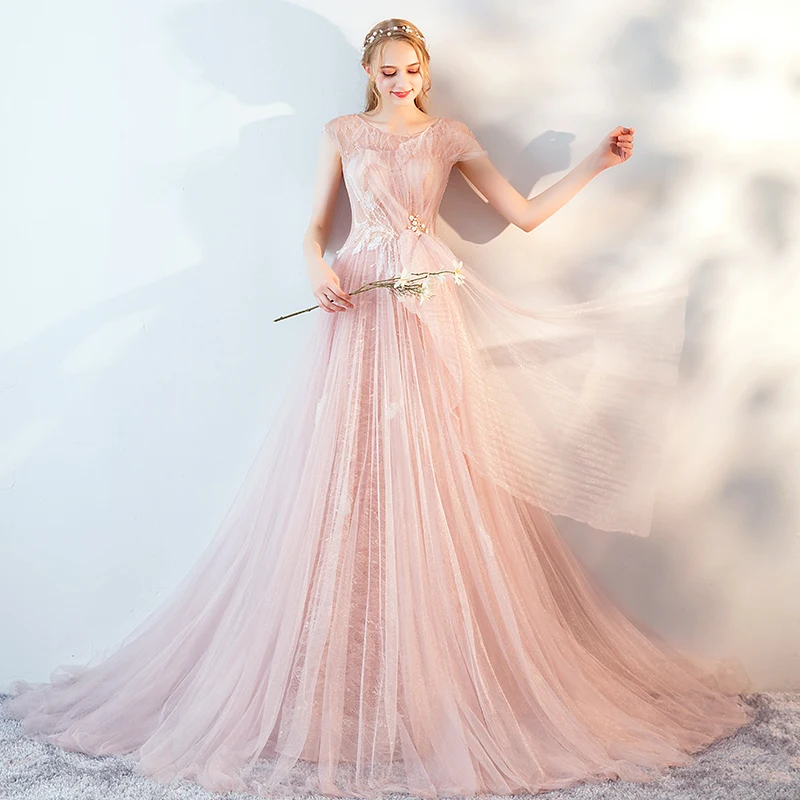 Женское длинное вечернее платье SSYFashion элегантное розовое кружевное бальное со