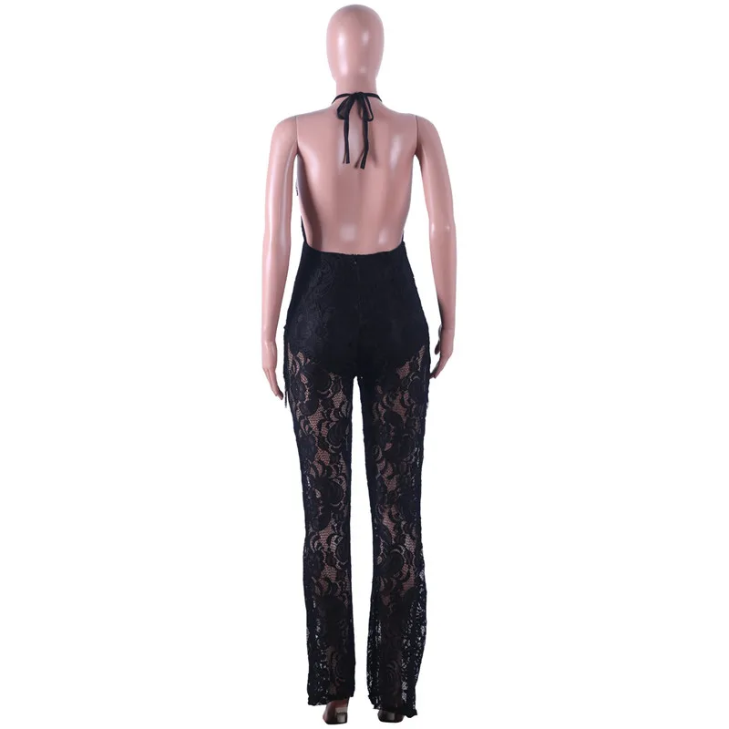 

Sexy Black Lace Jumpsuit for Women Deep V-neck See Through Halter Tassel Full Length Backless Rompers Sheer Night Club Overalls