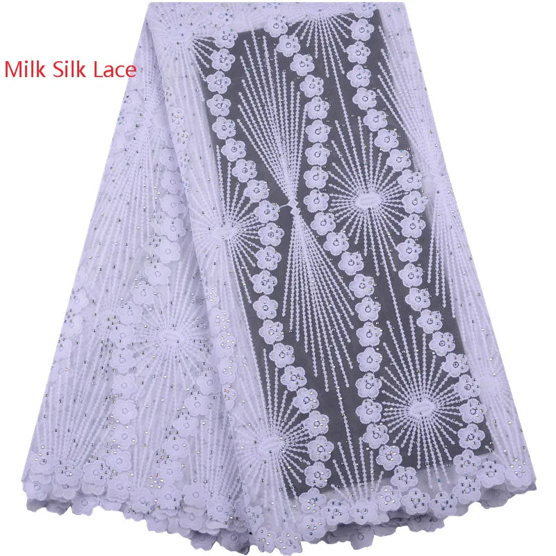 

2019 модный молочный шелк Материал африканский тюль кружевная ткань Высокое качество чистый белый нигерийский кружевной материал для женско...