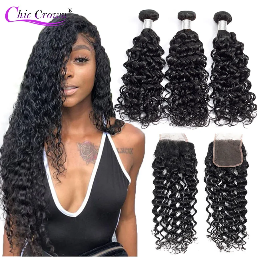Водные волнистые пучки с закрытием 100% человеческих волос Плетение 3 пучка