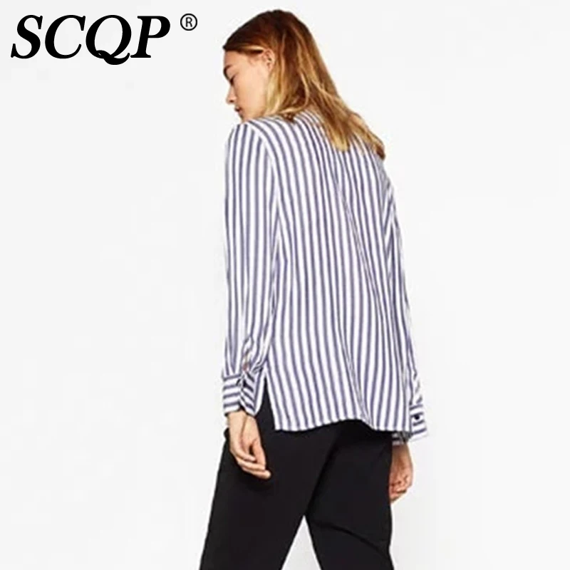SCQP Карман Знак Вышивка Полосатые Женские Рубашки Студент Мода Женская Верхняя