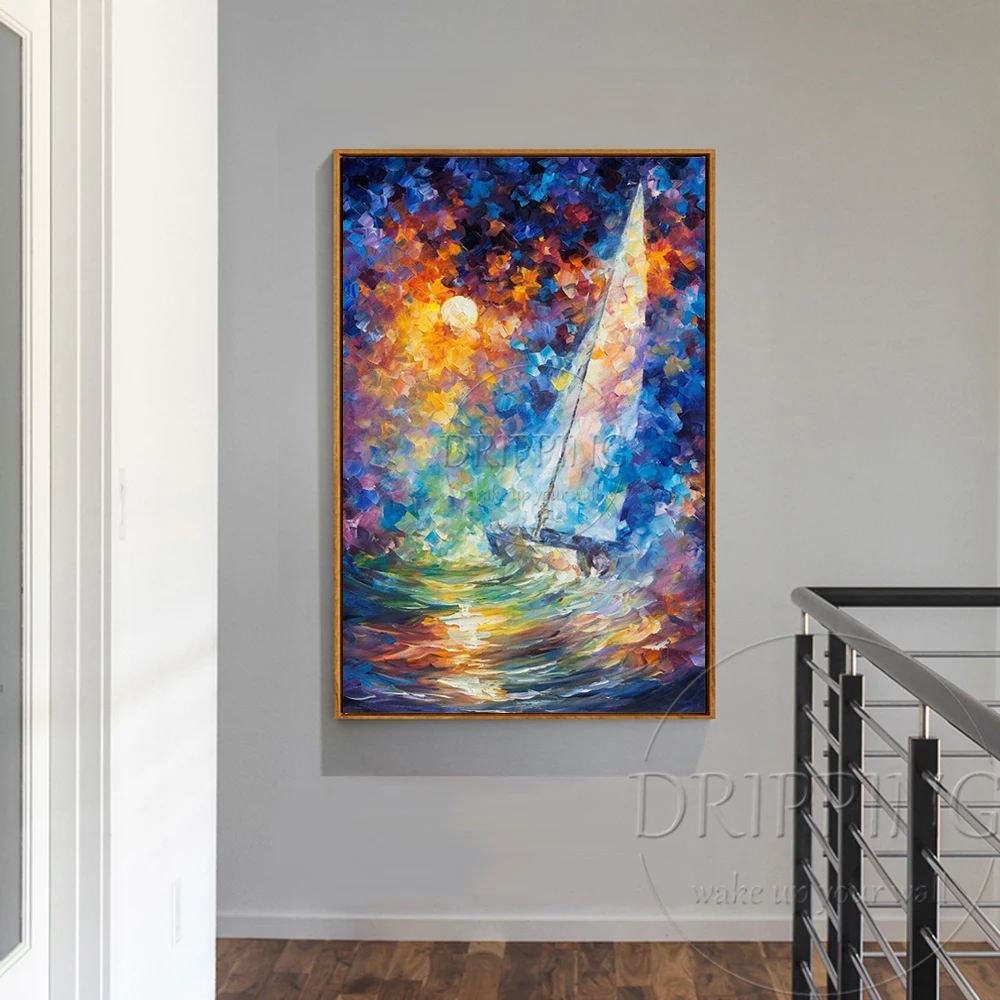 High Quality Vivid Colors Abstract Landscape Oil Painting Decor Hand-painted Knife Textured Colorful Boat | Дом и сад