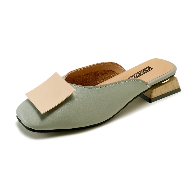 Summer Sandals Elegant Leather Mules Women Mules Shoes Ladies Slippers Low Heels Outdoor Slippers Slides Chaussures Femme - Цвет: Зеленый