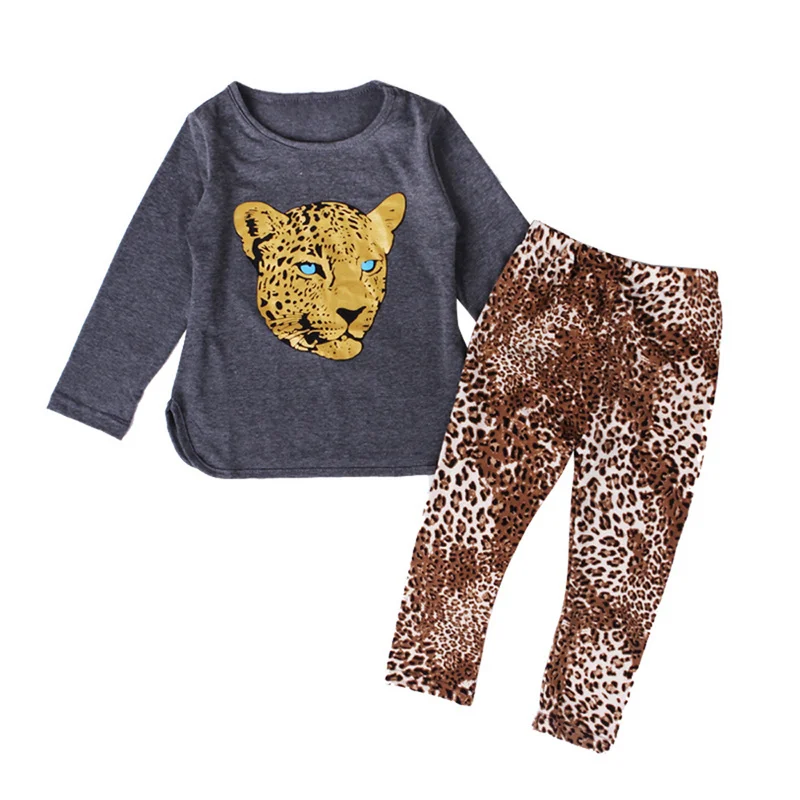 Модный комплект одежды для девочек футболка с длинным рукавом + леопардовые