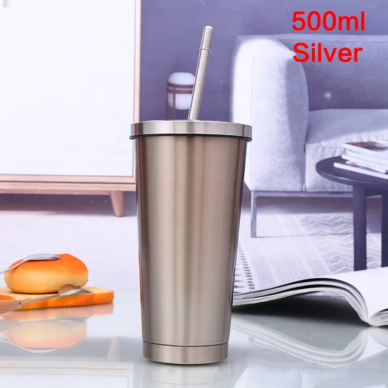 Silver 00244 Термосы 600 мл, термос с смешной градиентной цветной изоляцией, Термокружка для кофе в машину, бутылка для напитков для кофе с соломинкой - Цвет: Silver 00244