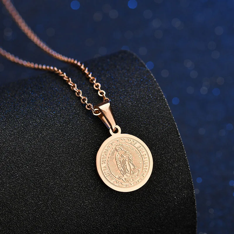 rose gold color Простое винтажное ожерелье из нержавеющей стали для мужчин и женщин, Золотая Богиня Мадонна, круглое ожерелье, Религиозные ювелирные изделия - Окраска металла: rose gold color