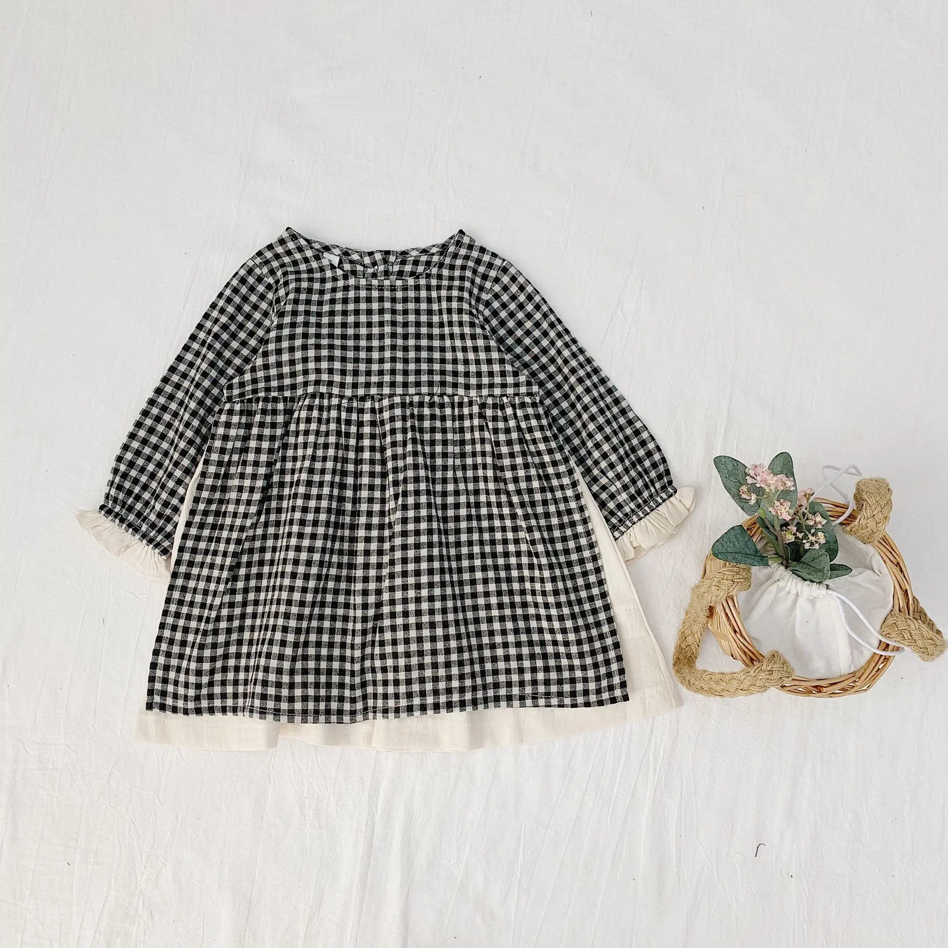 Весенне-осеннее Хлопковое платье в клетку с длинными рукавами для девочек