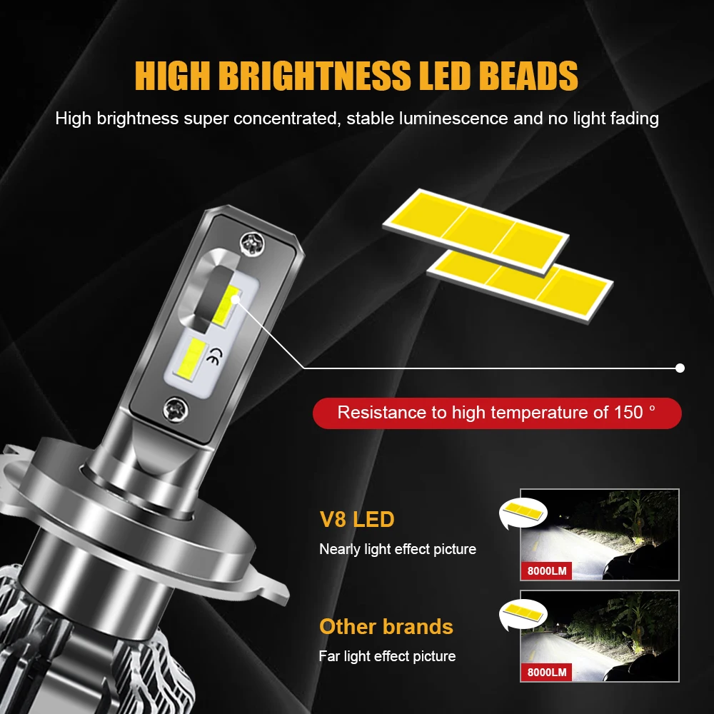 Автомобильные фары EURS V8 H4 Hi/Lo Beam LED H7 H1 H8 H9 H11 H13 9005 9006 9007 9004 50 Вт 16000lm 6500 к