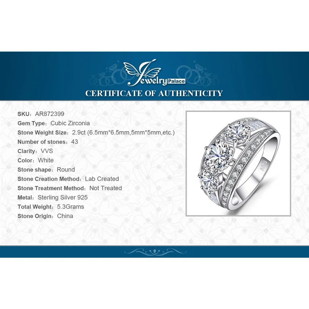 Jewelrypalace необыкновенной 2.9ct фианит 3 камень кольцо стерлингового серебра 925 женская свадебная обувь кольцо обещание Юбилей подарки