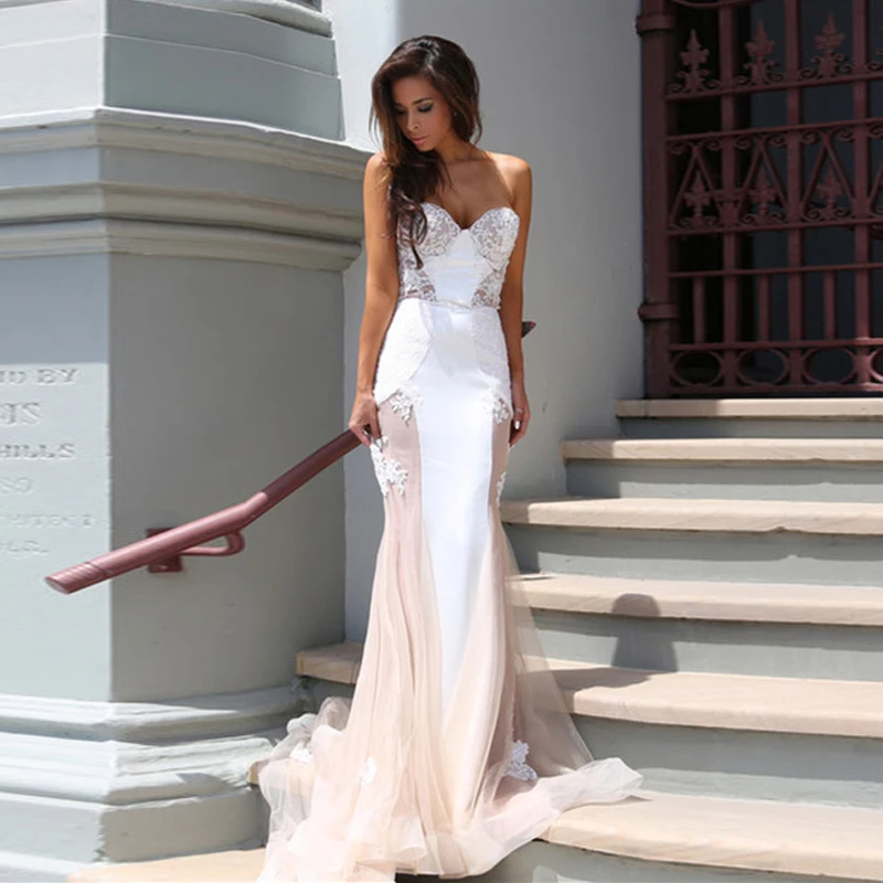 Sweetheart Lace Tulle Prom Gowns Gorgeous Mermaid Strapless Floor Length Ruffles Evening Formal Party Dresses Custom Made | Женская