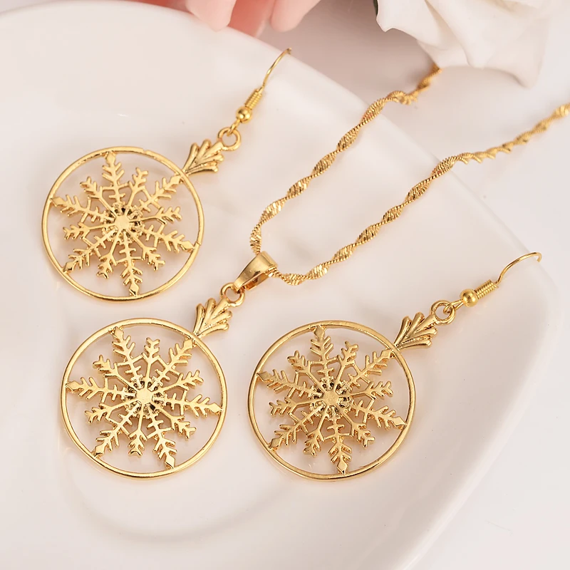 

Dubai India Africa Romantic bride Sets gold snowflake necklace drop Ear ring earrings Jewelry Set for women Wedding Bijoux gifts