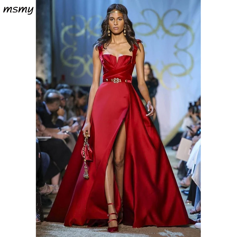 Женское вечернее платье Elie Saab красное ТРАПЕЦИЕВИДНОЕ ПЛАТЬЕ с разрезами по бокам