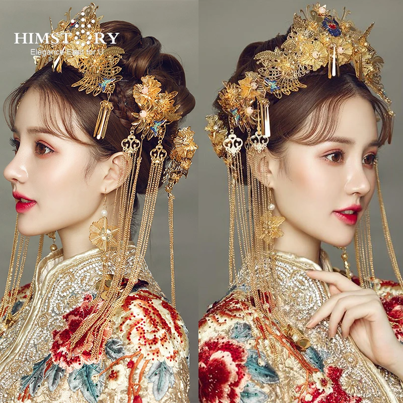 

HIMSTORY Traditional Hair Sticks Chinese Bridal Hairpins Headpiece Vintage Hairwear Beads Handmade Bride Wedding Accessory