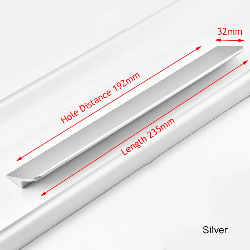 Silver 192mm KAK Черный Серебряный Золотой скрытые ручки шкафа алюминиевый сплав кухонный шкаф ручки для выдвижных ящиков дверное оборудование для обработки мебели - Цвет: Silver 192mm