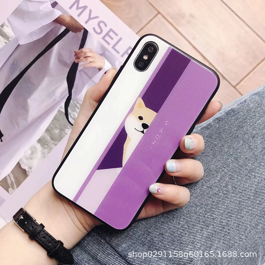 Toughened anti falling new glass mobile phone case purple dog explosion proof for iphone 7/8/6splus/X full bag |