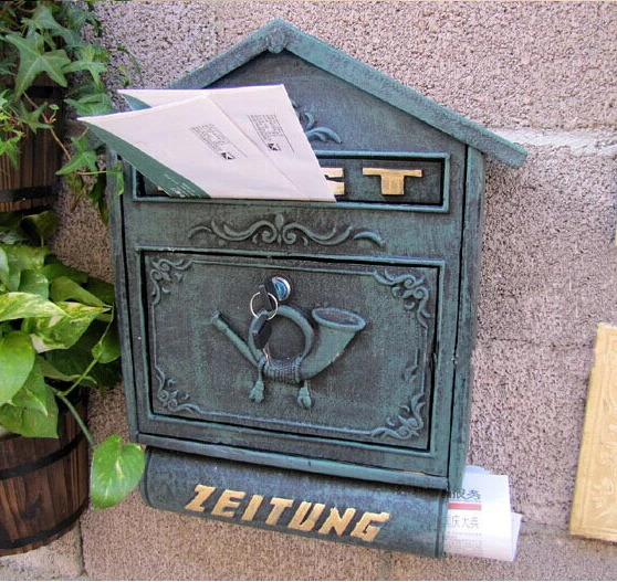 Embossed Trim Vintage Decorative Cast Iron Mailbox Postbox Mail Box Wall Mounted Wrought Iron Letters Box Metal Garden Supplies