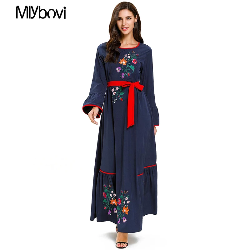 Женское платье макси с вышивкой темно синее Abaya из Дубая мусульманское кафтан