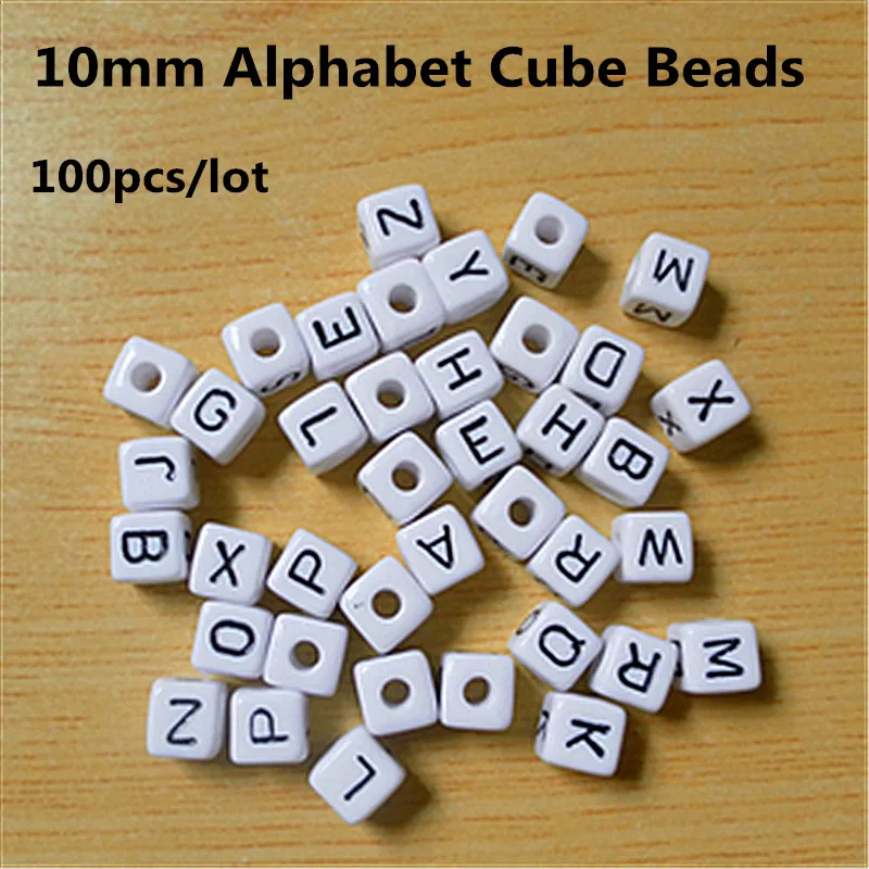 Ченкэй 100pcs 10*10 мм белый Пластик акриловый кубик алфавита Квадратные бусины в