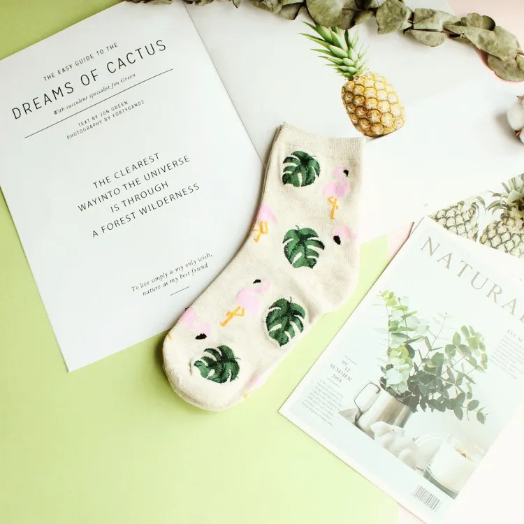 Flamingo Happy Fruit носки для женщин из чёсаного хлопка высокого качества Socken Новое поступление милые носки с изображением фламинго лисы и животных - Цвет: Flamingo