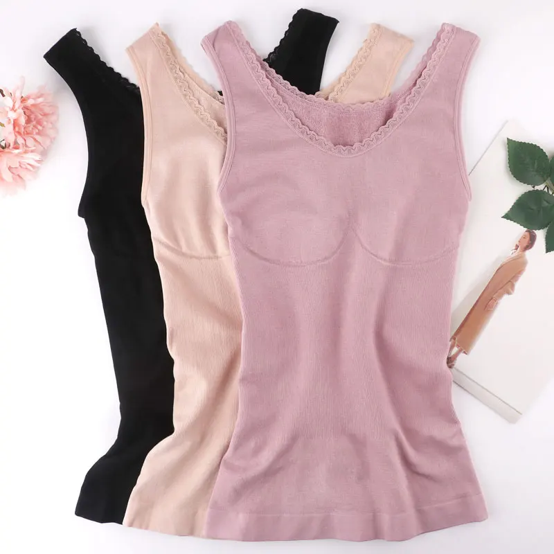 Осенне-зимняя кружевная женская теплая майка с круглым вырезом тонкая