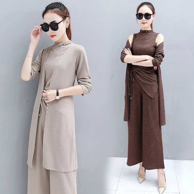 3 шт. женские комплекты кардиган + жилет штаны весенний модный вязаный костюм