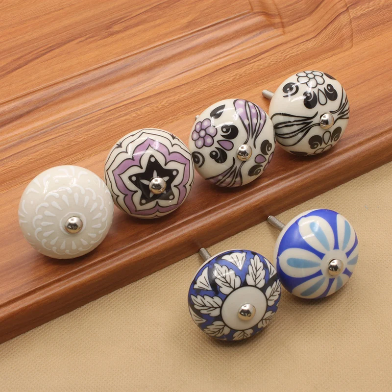 KAK 40mm Hand-painted Ceramic Drawer Knobs Porcelain Rural Cabinet Knob Cupboard Handles Mediterranean Furniture Handle Hardware