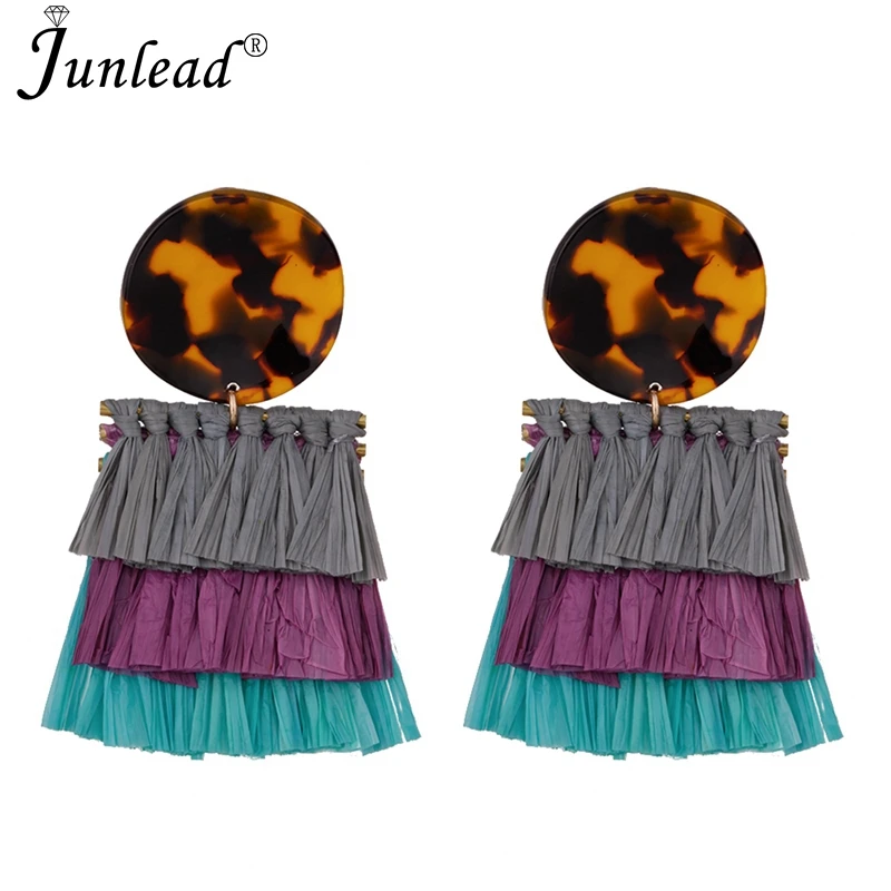 Junlead модный дизайн рафия трава Oorbellen Многослойные Lafite Boho кисточкой массивные